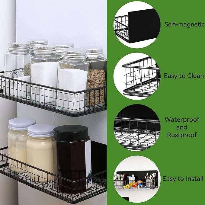 ONESIXEC 2 Pack Magnetic Basket for Fridge, Magnetic Spice Rack for Side of Refrigerator, Small Magnet Wire Bin Basket Fridge Shelf Organizer Kitchen Classroom Whiteboard Pantry Office Storage, Black