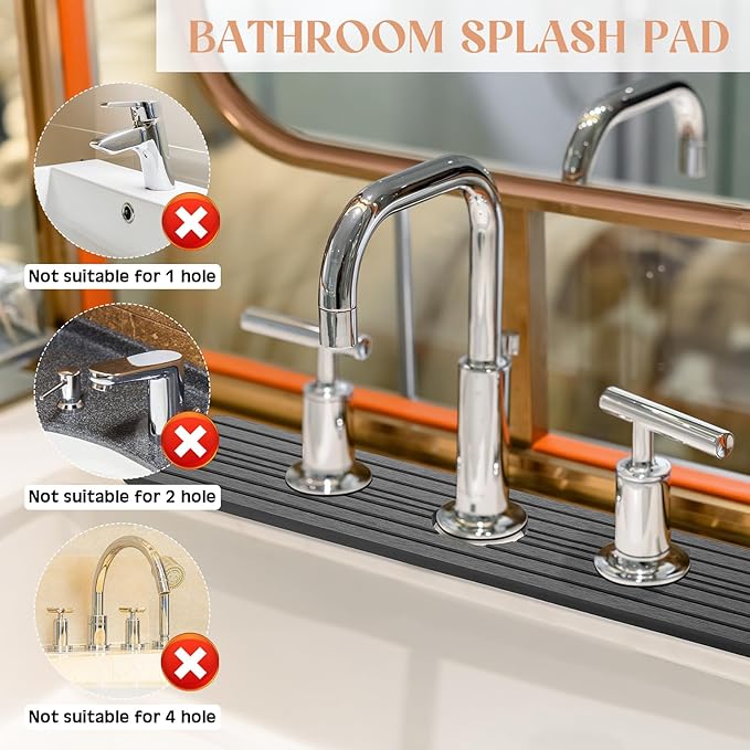 Teenyyou 3 Hole Gray Faucet Mat for Kitchen Sink 16.1" x 5" Kitchen Faucet Absorbent Mat Diatomite Splash Guard for Sink Quick Drying Stone Drip Catcher for Bathroom Counter