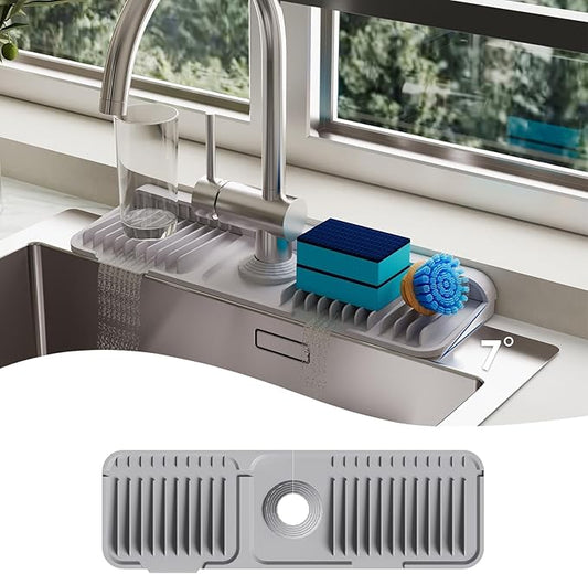 17.7 Inch Silicone Faucet Mat for Kitchen Sink Splash Guard - 7° Slope Upgraded Water Draining Mat with Fasten Button for Bathroom Area (Gray, 17.7''x5.5'')