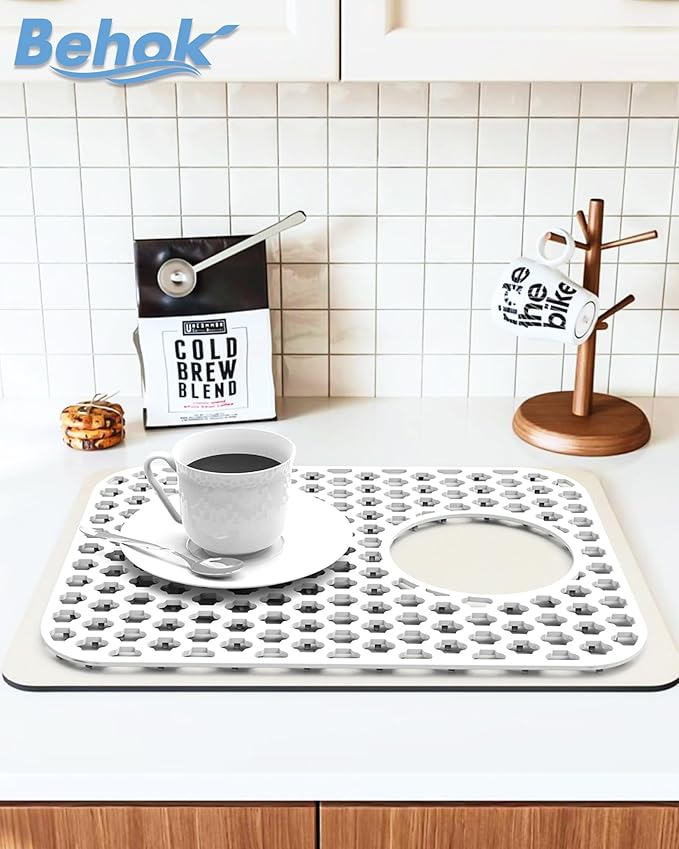 BEHOK 2 Pack Silicone Sink Protector for Kitchen Sink Bathroom, 13.58" x 11.6" Heat-resistant Sink Mat Non-Slip and Durable Silicone Protectors, Rear Drain, White