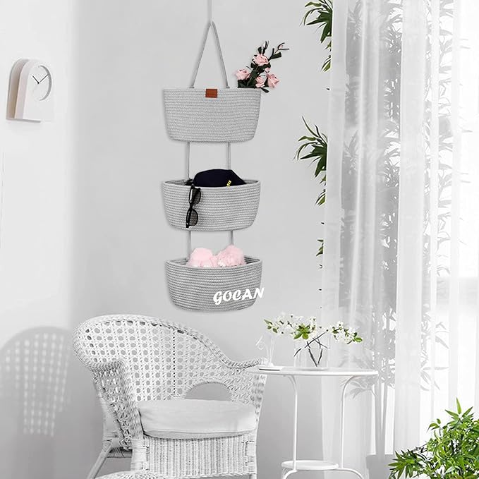 Hanging Storage Baskets Over the Door Hanging Basket, 3-Tier Cotton Rope Woven Hanging Organizer, Detachable Decorative Hanging Baskets for Wall Living Room, Bathroom and Bedroom(grey)