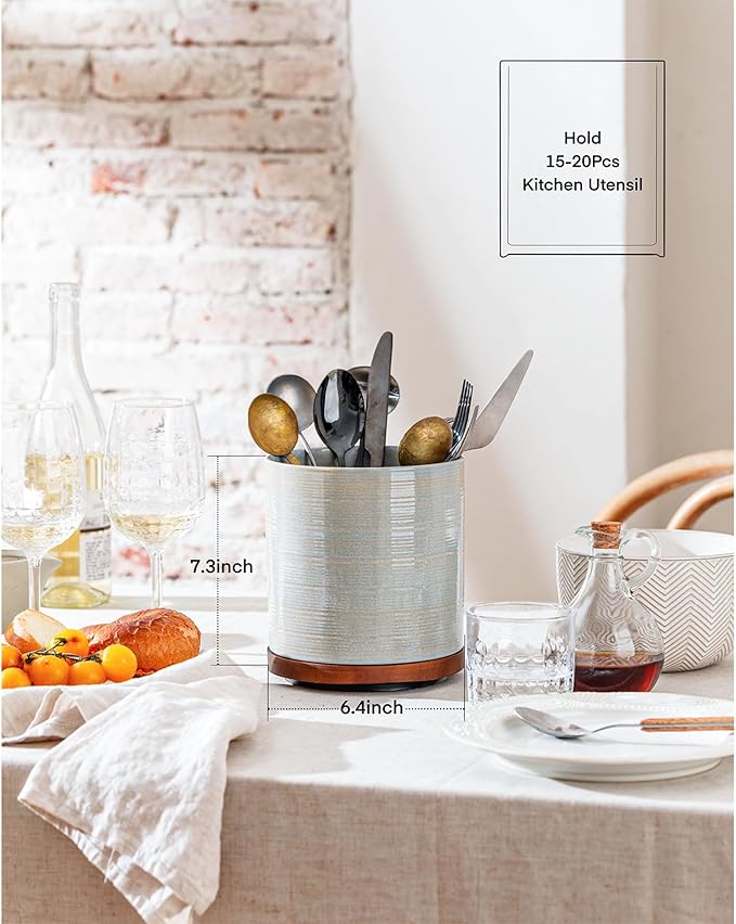 Utensil Holder, 360° Rotating Extra Large Ceramic Kitchen Utensil Holder for Countertop, 7.3“ Cooking Utensil Crocks for Kitchen Counter with Rotatable Wooden Base, Farmhouse Decor, Dusty Green
