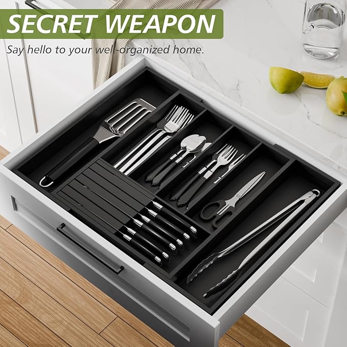 Bamboo Kitchen Silverware Drawer Organizer - Expandable Wood Utensil Holder with Dividers, Luxury Cutlery Storage Tray for Kitchen Utensil and Flatware (5-7 Slots with Removable Knife Block, Black)