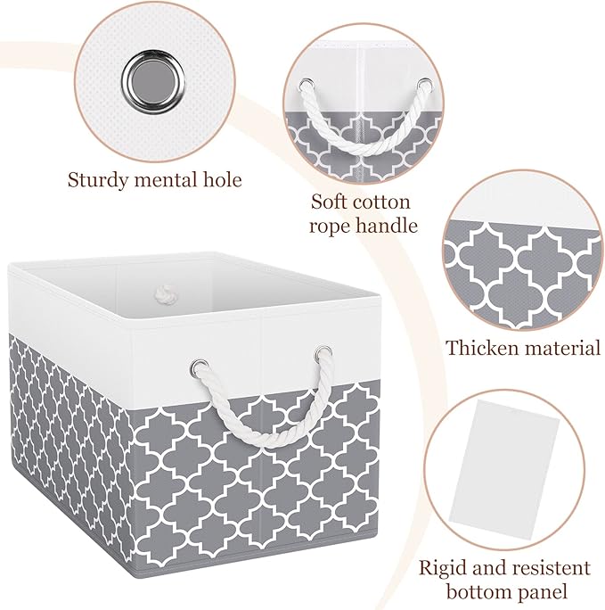 Storage Bin,Collapsible Storage Basket For Organizing,Large Storage Boxes With Rope Handles,Storage Containers,Clover Grey,4 Pack