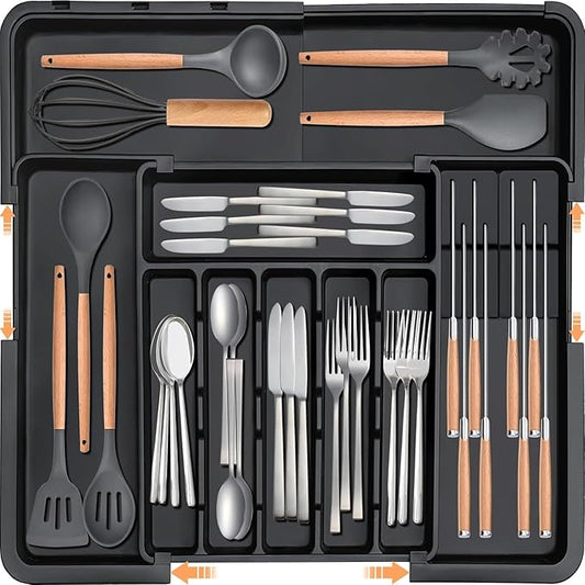 Extra Large Expandable Silverware Organizer, BPA-Free Food-Safe Cutlery Holder, Adjustable Kitchen Utensil Drawer Organizer for Spoons Forks Knives (Black)