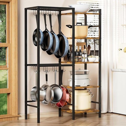 5-Tier Pot and Pan Organizer Rack with Hooks, Heavy-Duty Kitchen Storage Shelf for Cookware, Dishes, and Utensils, Freestanding Metal Pot Rack Organizer for Kitchen, Pantry, or Dining Room