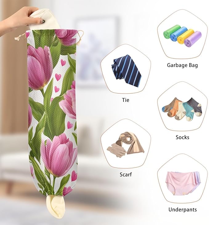 Plastic Bag Holder Wall Mount Grocery Bag Shopping Bag Storage Holder Organizer Dispenser with Adhesive Hook,for Kitchen Bathroom Home Decor 9x22 Inches Pink Fresh Tulips and Hearts05