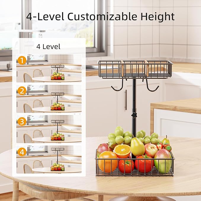 4-Level Adjustable Height Fruit Basket for Kitchen Countertop, 2-Tier Fruit Bowl with Removable Banana Hooks, Kitchen Organizer for Banana, Vegetable, and Snack Storage