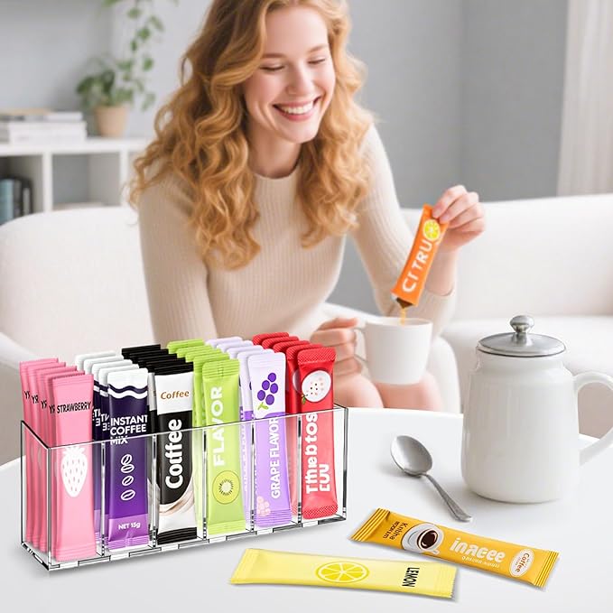 Drink Packet Organizer, Magnetic & Adhesive Water Packet Organizer with Removable Dividers & 6 Compartment for Kitchen Pantry Table Fridge Cabinet
