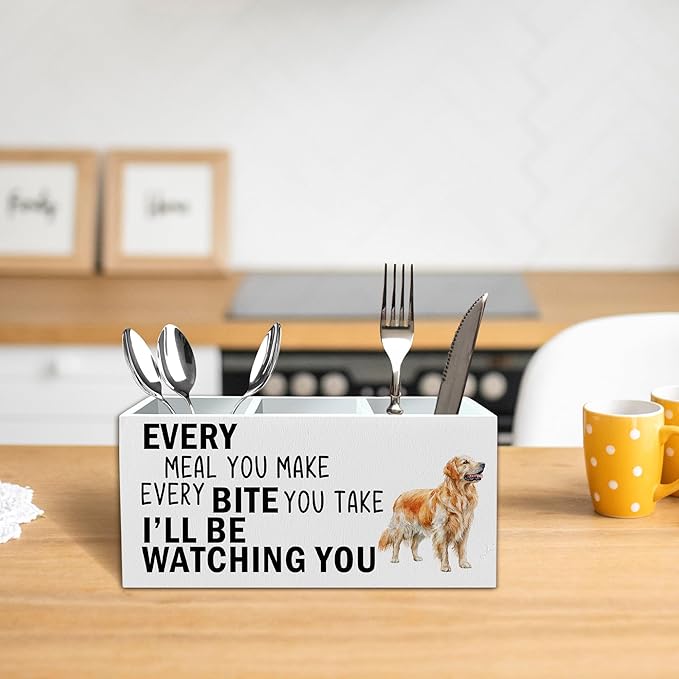 Golden Retriever Dog Kitchen Utensil Holder for Countertop, Dog Decorative Lover Gifts, Funny Every Meal You Make Every Bite You Take Wooden Utensil Holder Organizer for Kitchen Table Decor