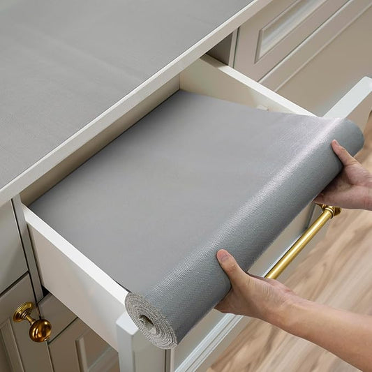 Shinlendid Shelf and Drawer Liner for Kitchen Cabinets Non-Adhesive, Strong Grip Non-Slip Thickened Cabinet Liners for Shelves, Waterproof Mats for Dresser Cupboard, Pure Gray, 12 in x 10 Feet
