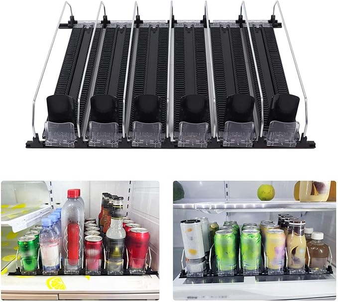 FLEXMAN Drink Organizer for Fridge, 6 Rows Adjustable Width Spring Loaded Drink Dispenser, Beverage Dispenser, Water Bottle Organizer for Soda, Beer, Wine, Sparkling Wine (Black)