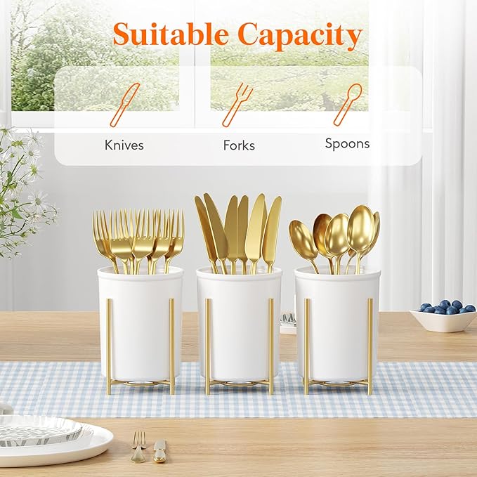 Lifewit Plastic Silverware Holder for Kitchen Countertop, Cutlery Flatware Caddy with Metal Bracket, Utensil Spoon Fork knives Organizer for Party Picnic, Gold, 2 Pack