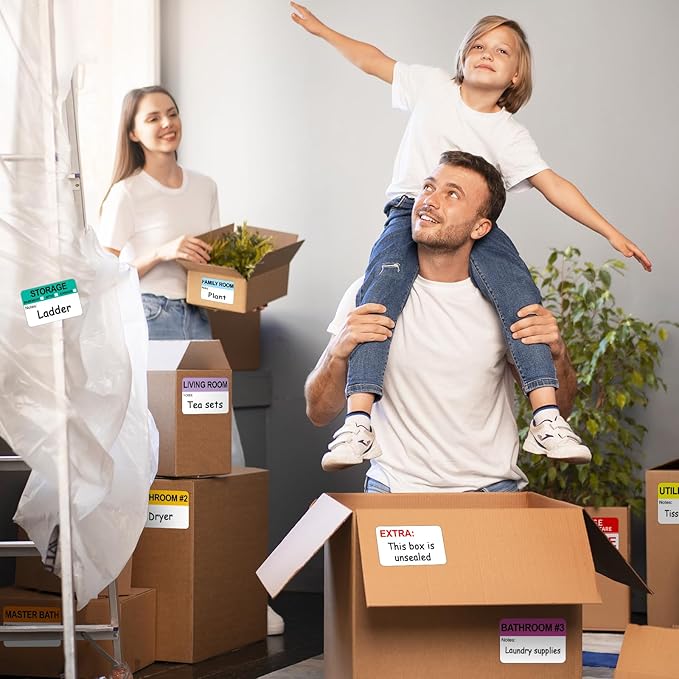 Kingtac 600 Writable Home Moving Stichers - 2' x 3', 20 Color-Coded Home Moving Packing Labels with Fragile, Extra, Heavy Options.Stick to Cardboard Boxes and Plastic Bins, No Extra Tape Needed