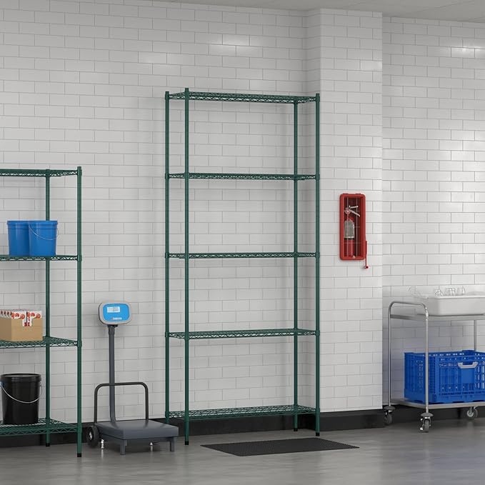 Commercial NSF Listed Green Epoxy Stationary Wire Shelving Kit 14" x 42" x 96", with 5 Shelves Perfect for Warehouse, Walk-in Refrigerator, Freezer, Grocery Store, Restaurant, Dishroom