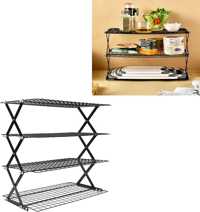 Foldable Countertop Storage Rack, Multi Tires Stainless Steel Space Saving Shelf Collapsible Stackable Organizer with Mesh Design for Drying Food Seasoning (4 Layers)