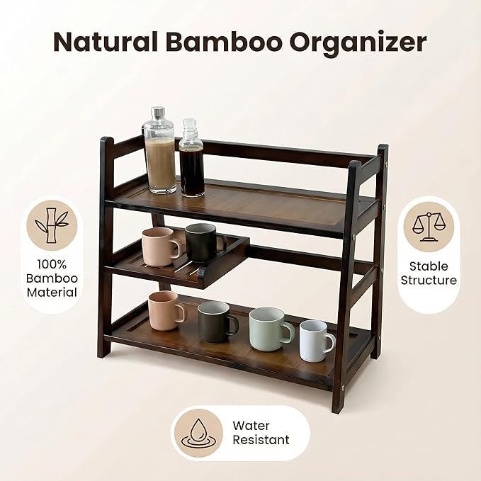 3 Tier Bamboo Matcha Station, coffee station organizer Shelf with Drawer for Kitchen Countertop, Tea Bar - Matcha Powder, Tools & Cup Organizer for Matcha Lovers, Home Baristas.