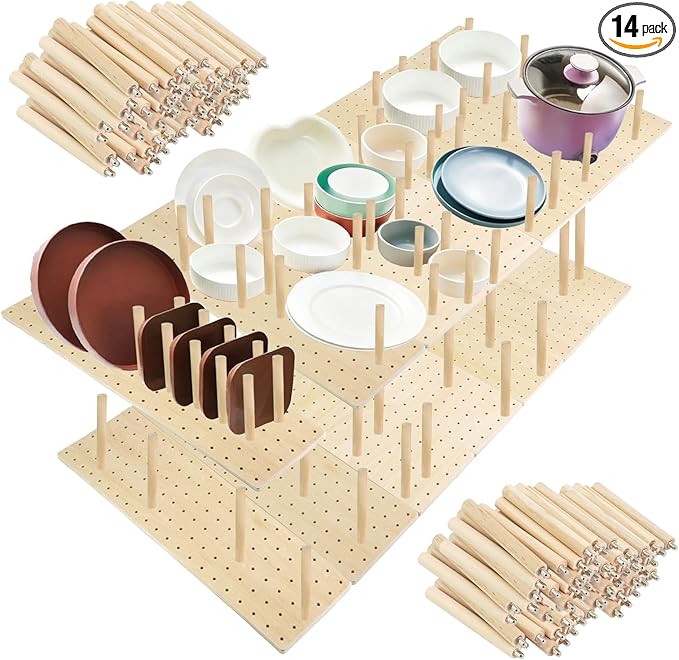 14 Pcs Pegboard Drawer Organizer with 140 Wood Peg 21 Inch Wooden Plate Utensils Organizer Dishes Storage Drawer Dividers, for Kitchen (Wood Color)