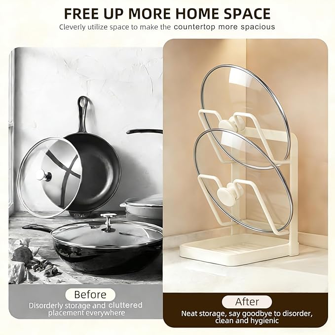 Kitchen Pot Lid Organizer Countertop - Carbon Steel Spoon Rest, Cutting Board Holder with Drip Tray, Rust-Resistant Farmhouse Storage Rack (A-White Single-layer)