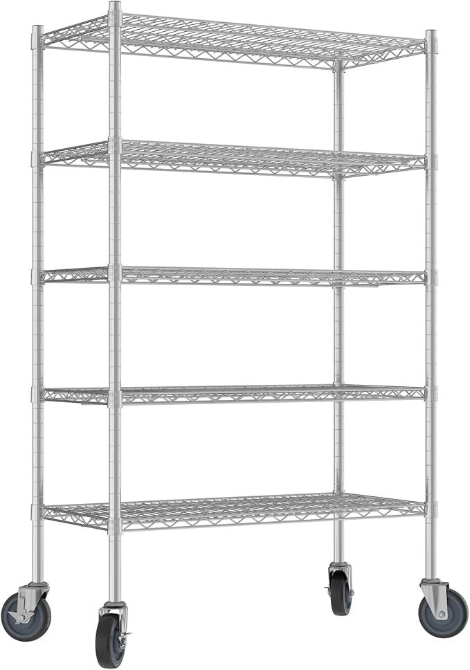 Commercial NSF Listed Chrome Mobile Wire Shelving Kit 18" x 36" x 60", with 5 Shelves Perfect for Warehouse, Walk-in Refrigerator, Freezer, Grocery Store, Restaurant, Dishroom