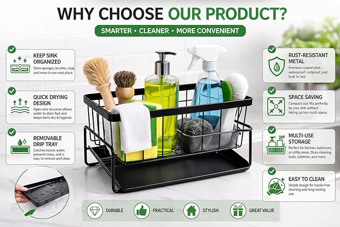 Kitchen Sink Caddy Organizer, Carbon Steel Sponge Holder with Removable Drip Tray, Countertop Storage Rack