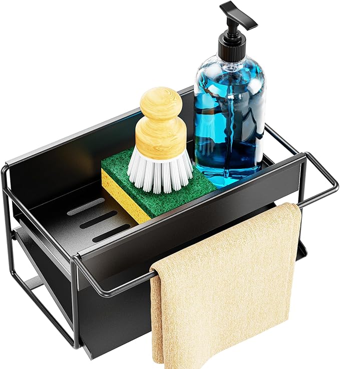 Kitchen Sink Caddy, 304 Stainless Steel Sponge Holder with Towel Bar, Rustproof Sink Organizer for Kitchen Counter & Faucet