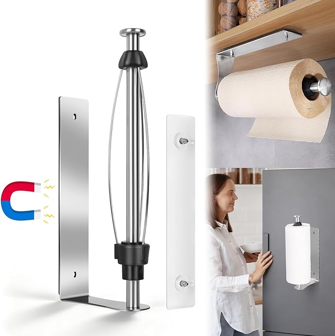 Magnetic Paper Towel Holder with Adjustable Damping, One Hand Tear, Smooth Tension Control, Strong Magnet & Self Adhesive Wall Mount, No Drilling for Kitchen, Fridge, RV, Garage, Grill (Silver)