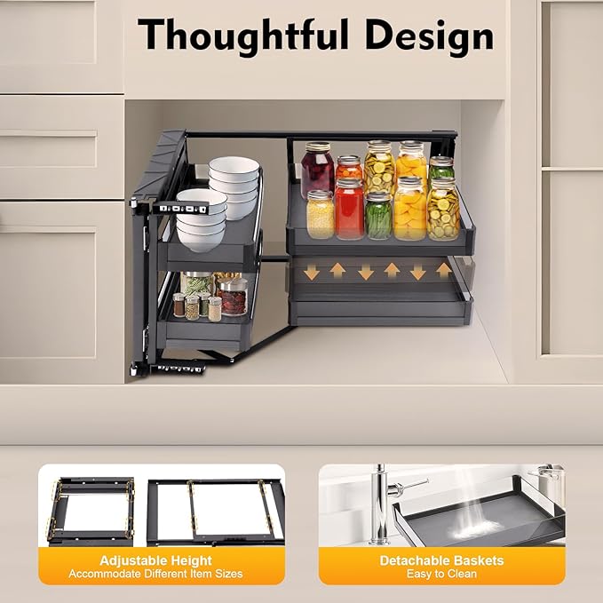 Blind Corner Cabinet Pull Out, 14 Inch 2 Tiers Organizer Kitchen Corner Cabinet Pull Out, Height Adjustable Chrome Soft Close Blind with Four Shelf for to Place Pots Pans