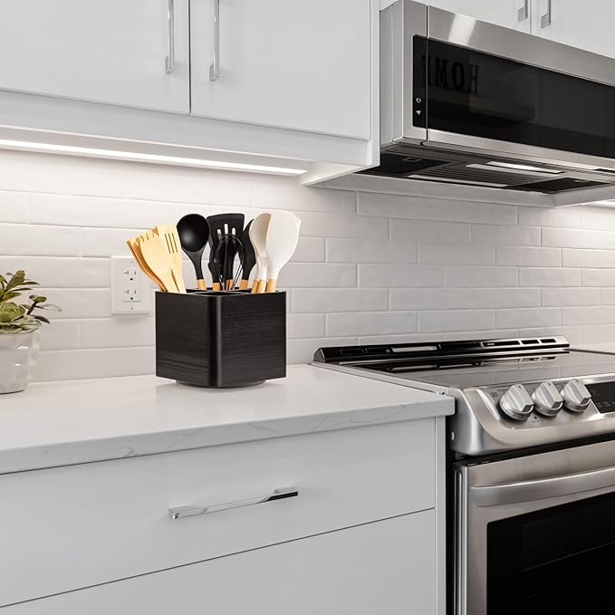 Extra Large Rotating Utensil Holder for Kitchen Counter, Large Wooden Utensil Holder with 4 Compartments, Black