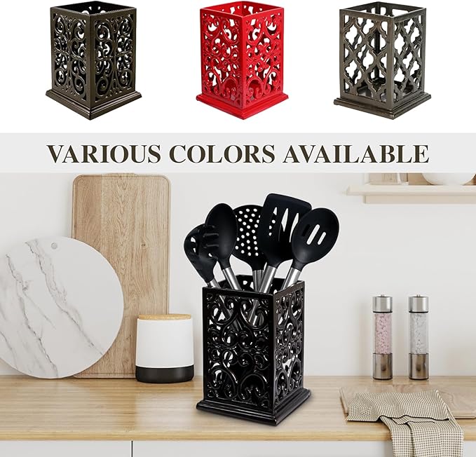 jogreful Utensil Holder, Cast Iron Kitchen Utensil Crock for Countertop, Extra Large Utensil Organizer with Weighted-Base, Housewarming Vintage Decor, Vine Pattern, Coffee Gold