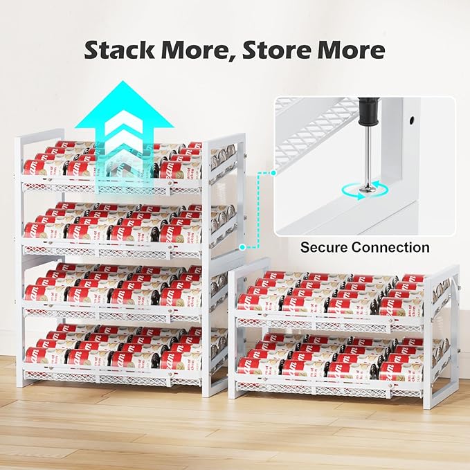 iSPECLE Extendable Can Organizer for Pantry, Adjustable Width Can Storage Organizer for 48 Cans, Heavy Duty Auto Rolling Dispenser Rack, Stackable Metal Holder for Soup Spices Snacks, White