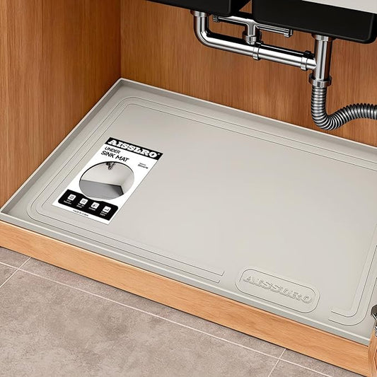 Aisslro Under Sink Mat 34" X 22", Waterproof Silicone Under Sink Mats for Kitchen, Anti-Leak Shelf Liner & Cabinet Protector with Raised Edge, [BPA Free] Bathroom Tray Home Organizer, Beige