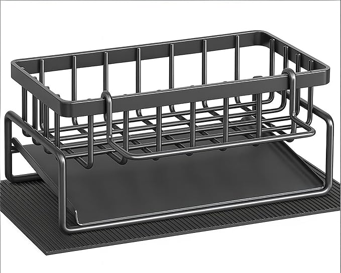 Carbon steelSink Caddy with Drip Tray, Kitchen Sink Sponge Holder Organizer for Sponges, Brushes, Soap, Compact Countertop Design