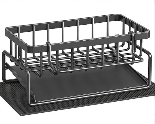 Carbon steelSink Caddy with Drip Tray, Kitchen Sink Sponge Holder Organizer for Sponges, Brushes, Soap, Compact Countertop Design