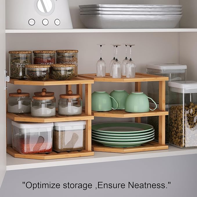 3 Tier Bamboo Corner Shelf(2 Pack),Plate Organizer,Dish Drying Rack,Kitchen Spice Rack for Countertop and Cabinet
