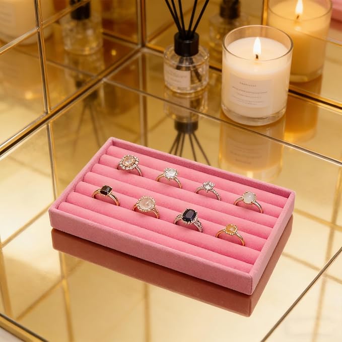 Velvet Jewelry Organizer Trays Pink Stackable Jewelry Storage Display Tray with Removable Dividers, 8 Rolls