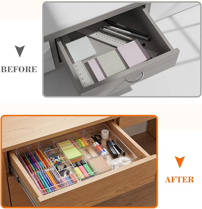 1 PC Acrylic Desk Drawer Organizer 2 Inch Height Expandable Drawer Organizer Trays with 8 Adjustable Compartments Desk Accessories for Makeup Silverware Office Bathroom(Clear,Elegant)