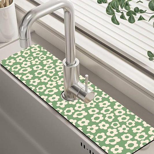 Vintage Groovy Flowers Sink Faucet Absorbing Mat Splash Guard Behind Faucet Sink Mat Absorbent Fast Drying Faucet Draining Mat for Bathroom Kitchen 5.5"×24"