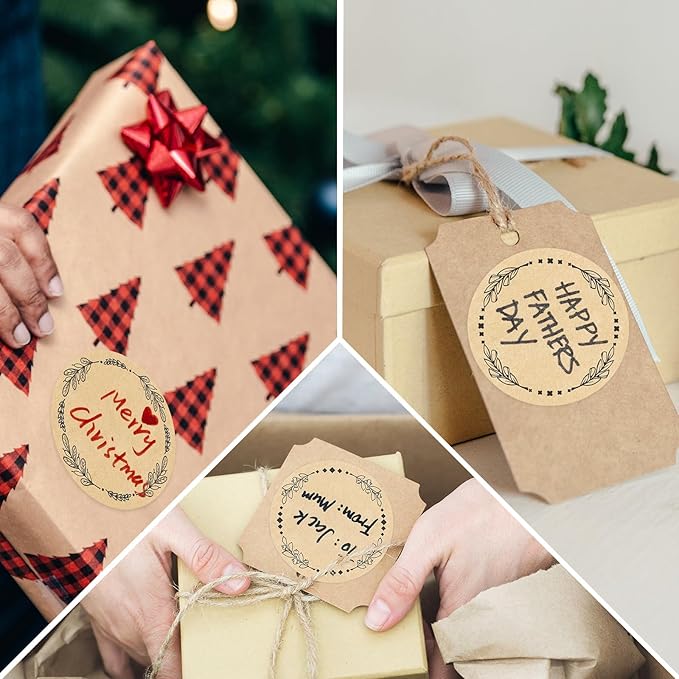 500pcs 2" Label Stickers for Jars and Lids, 4 Different Wreath Designs, Kraft Labels Christmas Gift Tags Stickers for Pantry, Mason Jars, Canning, Bottles