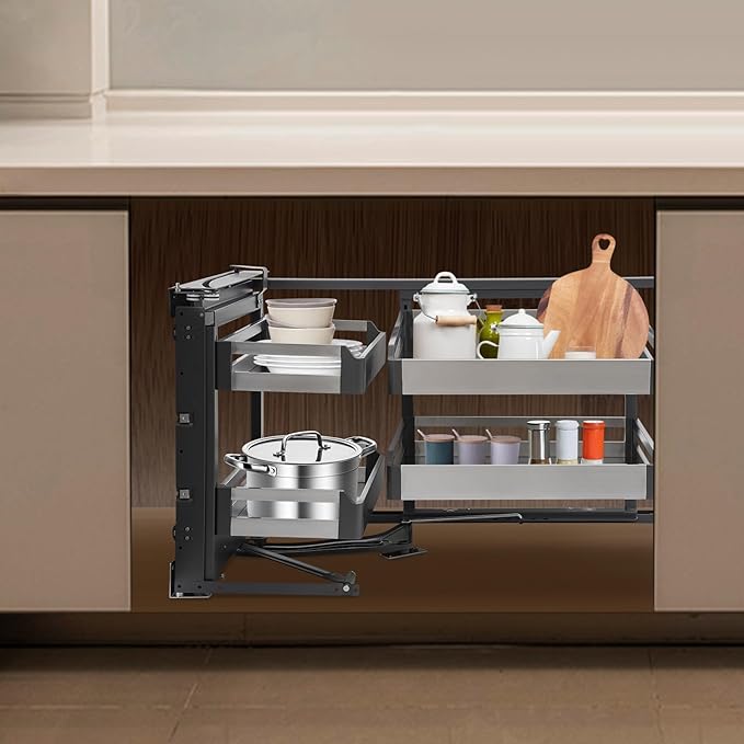 Blind Corner Cabinet Pull Out Organizer - 4-Basket Hidden Corner Storage with 115° Opening, Stainless Steel & Iron Construction, 15.43LBS Load-Bearing for Kitchen Cabinets (Silver/Black)