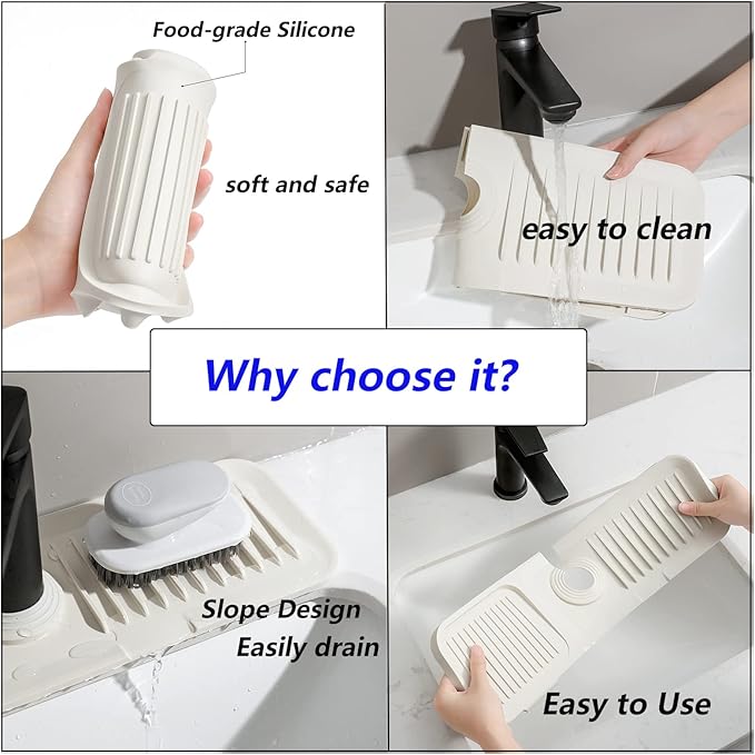 MOODKEY Kitchen Sink Splash Guard Sponge Holder - Silicone Faucet Drip Catcher Tray - Sink Protector - Fits Faucet Tube within 2.5" (Dark Grey, 14.6")