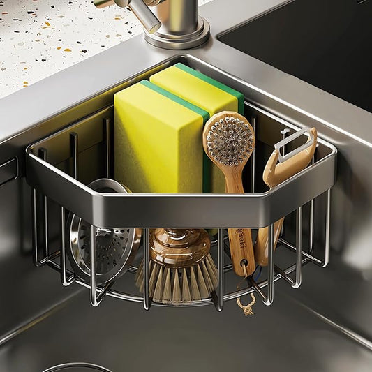 Kitchen Sink Caddy Corner Sponge Holder, CIT ZCFYU Adhesive Stainless Steel Dish Sponge Holder,Dish Cloth Hanger Kitchen Sink Organizer Soap Storage Rack for Space-Saving Storage(not for Rounded) Grey