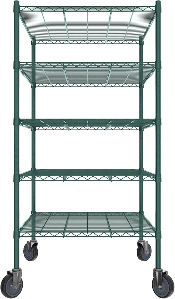 Commercial NSF Listed Green Epoxy Mobile Wire Shelving Kit 30" x 36" x 60", with 5 Shelves Perfect for Warehouse, Walk-in Refrigerator, Freezer, Grocery Store, Restaurant, Dishroom