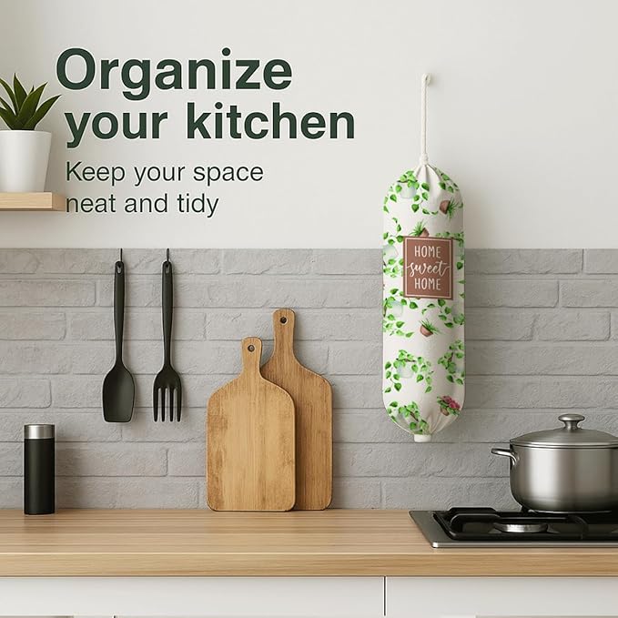 Plastic Bag Holder, Home Sweet Home Plastic Bag Holder for Kitchen Essentials, Bags Holders for Plastics Bags Groceries Store, Leaf Reusable Trash Sack Storage Dispenser to Kitchen Decor