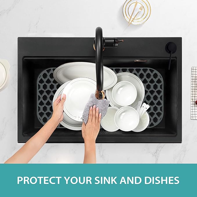 SAMSIER Sink Protectors for Bottom of Kitchen Sink 13x11 &16x12 &19x14 &21x16 &22x13 &24x13 &28x14 &30x16, Large Farmhouse Silicone Mats Grid (26”x14”, Rear Drain)