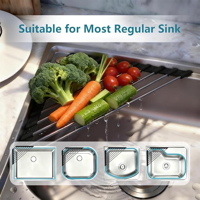 Credon Triangle Roll Up Dish Drying Rack Over The Sink, Foldable Multipurpose Corner Sink Caddy, Stainless Steel Anti Slip and Rust Proof Kitchen Sink Drainer Organizer, Small Space Solutions (Black)