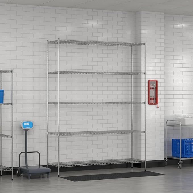 Commercial NSF Listed Chrome Stationary Wire Shelving Kit 21" x 72" x 96", with 5 Shelves Perfect for Warehouse, Walk-in Refrigerator, Freezer, Grocery Store, Restaurant, Dishroom