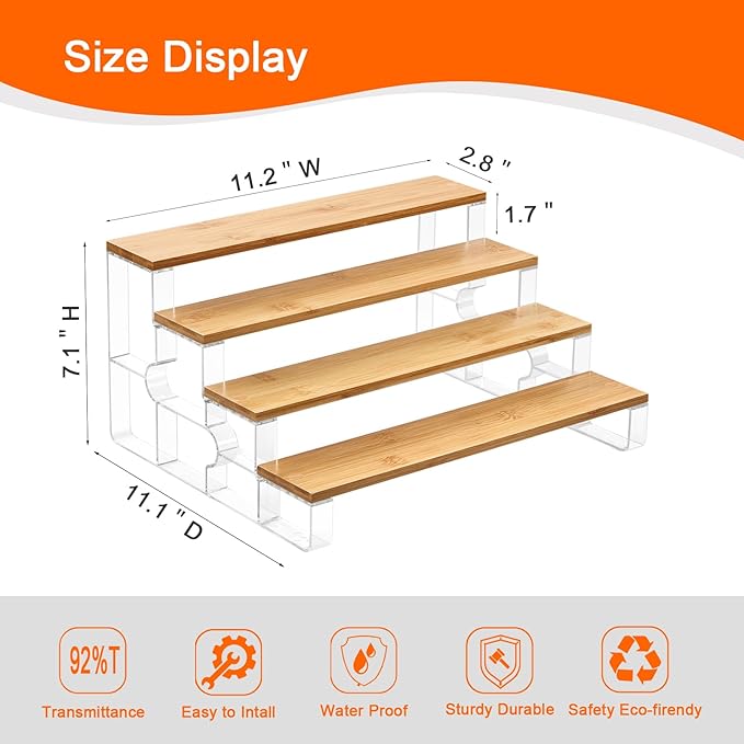 junyuan Bamboo Spice Rack Organizer for Cabinet,4 Tier Spice Organization for Kitchen,Bathroom Organizers and Storage,Seasoning Countertop Shelf,Display Shelves Racks,Clear 11.2"