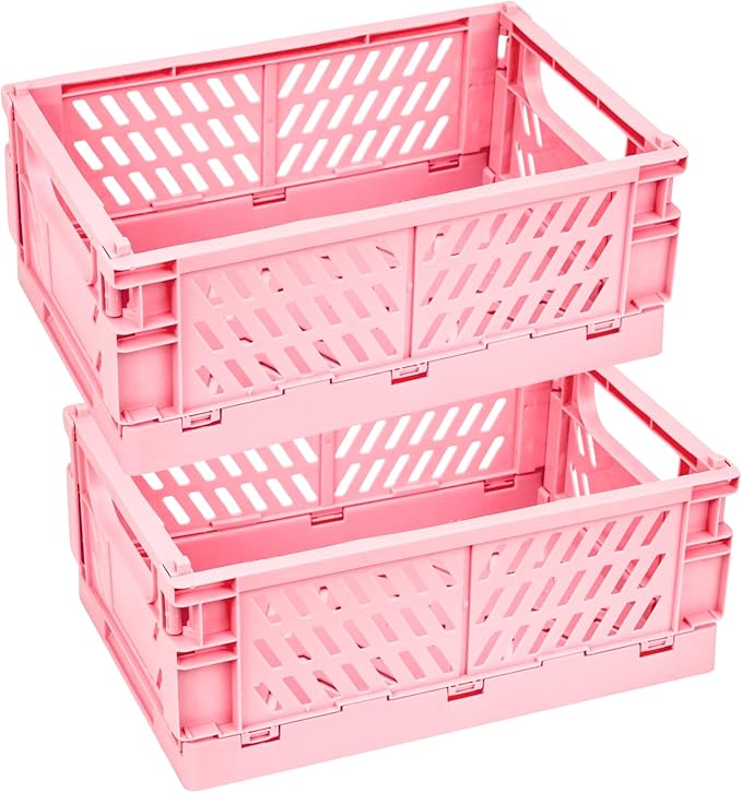 2 Pack Plastic Storage Collapsible Crate Organizer Basket Bin for Organizing Desk Drawer Shelf for Home Kitchen Bedroom Bathroom and Dorm Storage, 9.8x6.5x3.8in, Pink