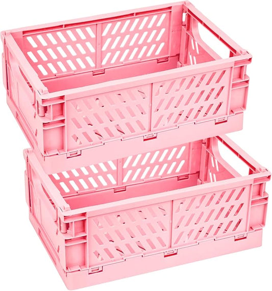 2 Pack Plastic Storage Collapsible Crate Organizer Basket Bin for Organizing Desk Drawer Shelf for Home Kitchen Bedroom Bathroom and Dorm Storage, 9.8x6.5x3.8in, Pink